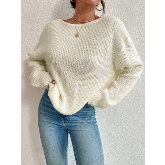 Off White Backless Pearl Detail Oversized Knit Sweater Twisted Back Long Sleeve - Picture 4 of 7